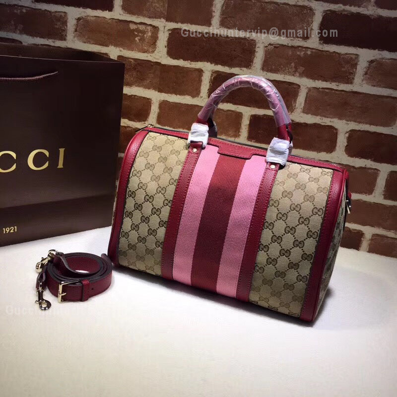 Gucci Beigebrown GG Canvas Vintage Web Boston Bag Red And Pink 247205